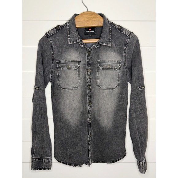 Airwalk Other - Airwalk Mens Small Faded Black Denim Button Down Shirt Epaulettes Roll Tab Gray